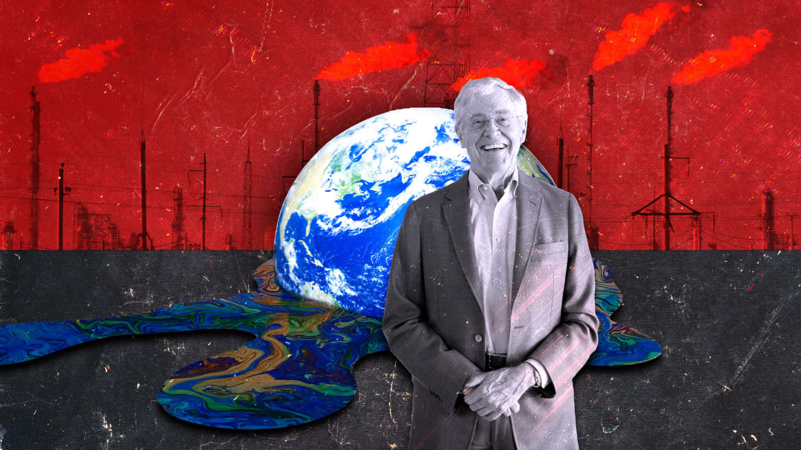 Charles G. Koch, red oil background, melting Earth globe, HD Desktop Wallpaper