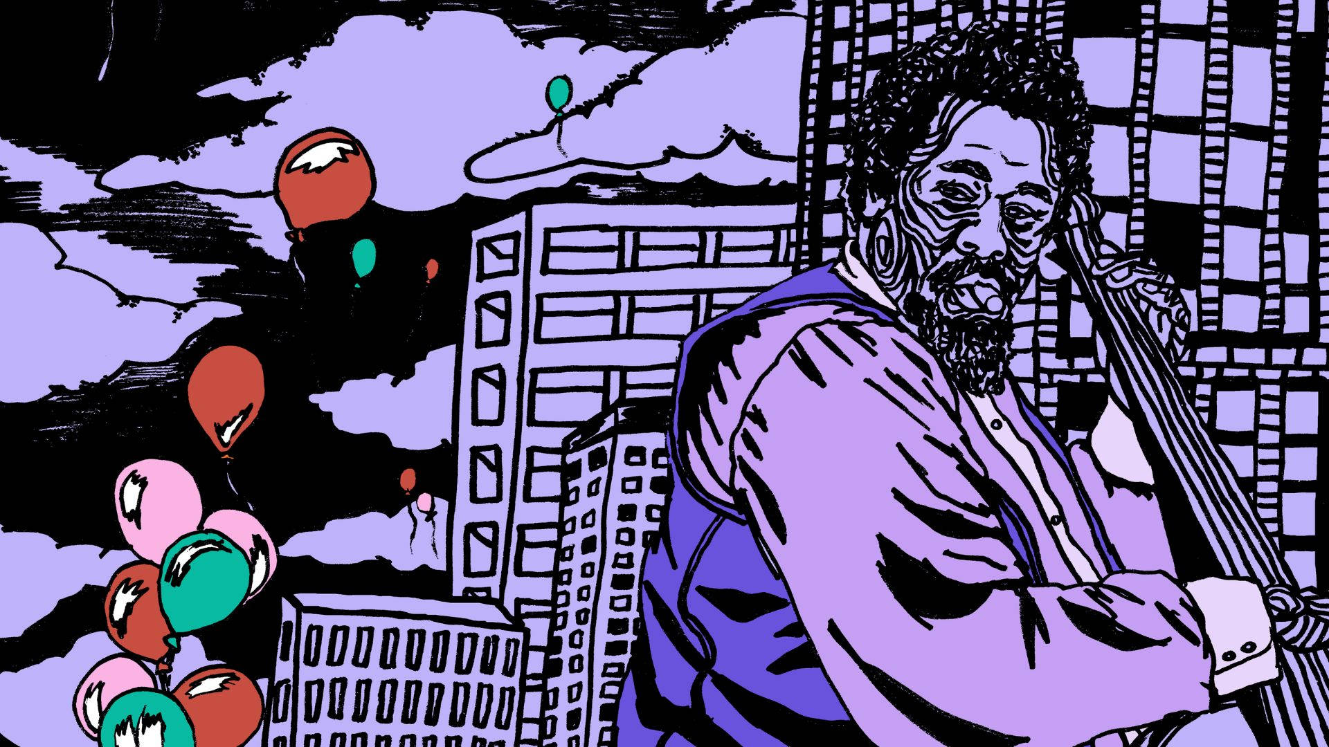 Charles Mingus, cello, purple cityscape, Full HD Desktop Wallpaper