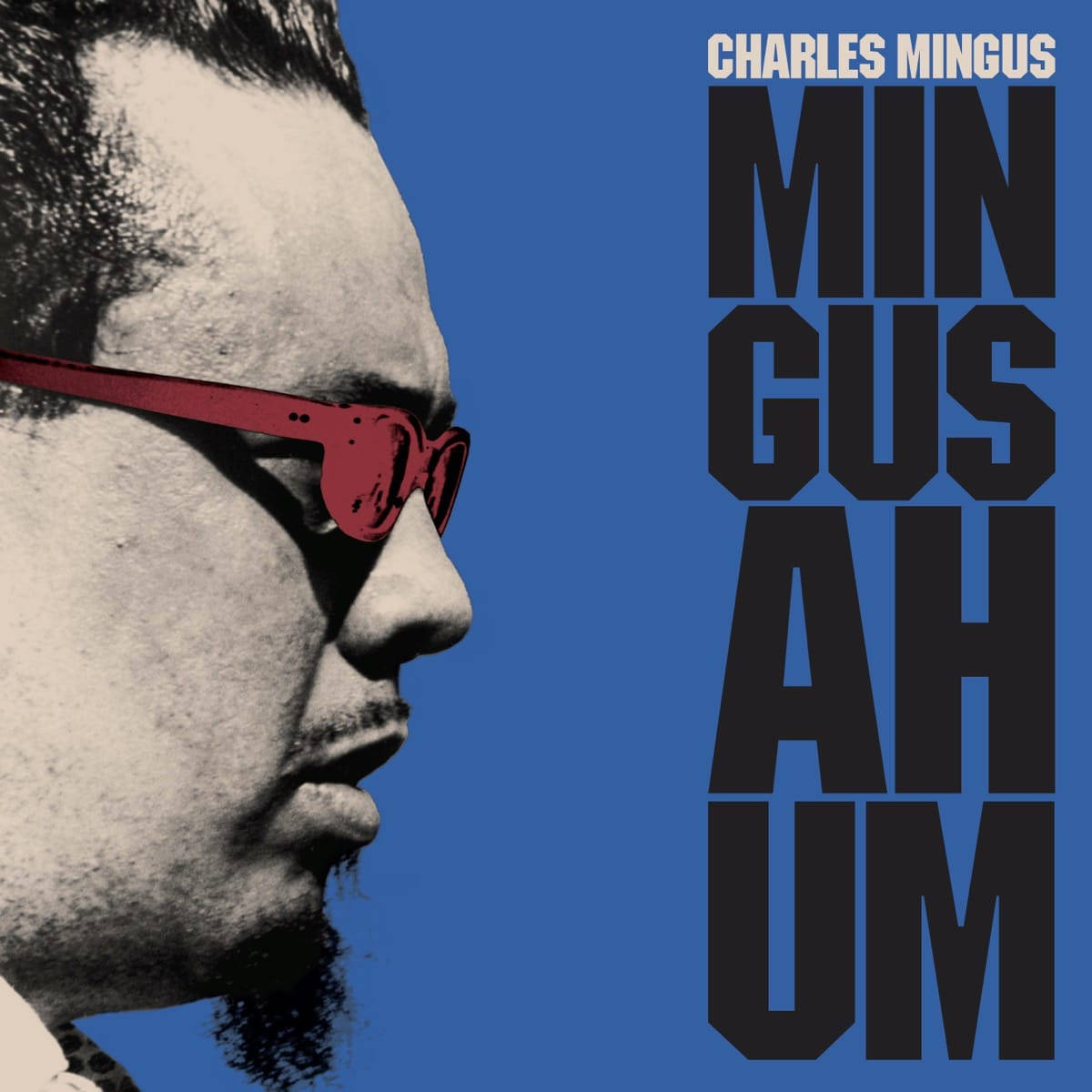 Charles Mingus, red sunglasses, bold blue background, SD Desktop Wallpaper