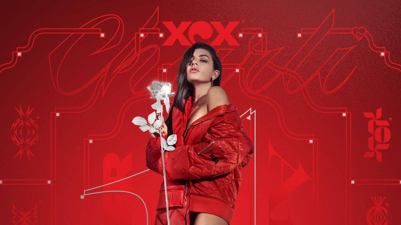 Charli XCX, red puffer jacket, white rose, HD Desktop Wallpaper
