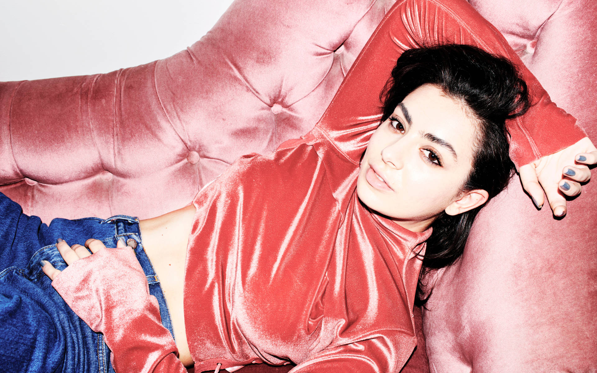 Charli Xcx, red velvet top, tufted sofa, Full HD Desktop Wallpaper