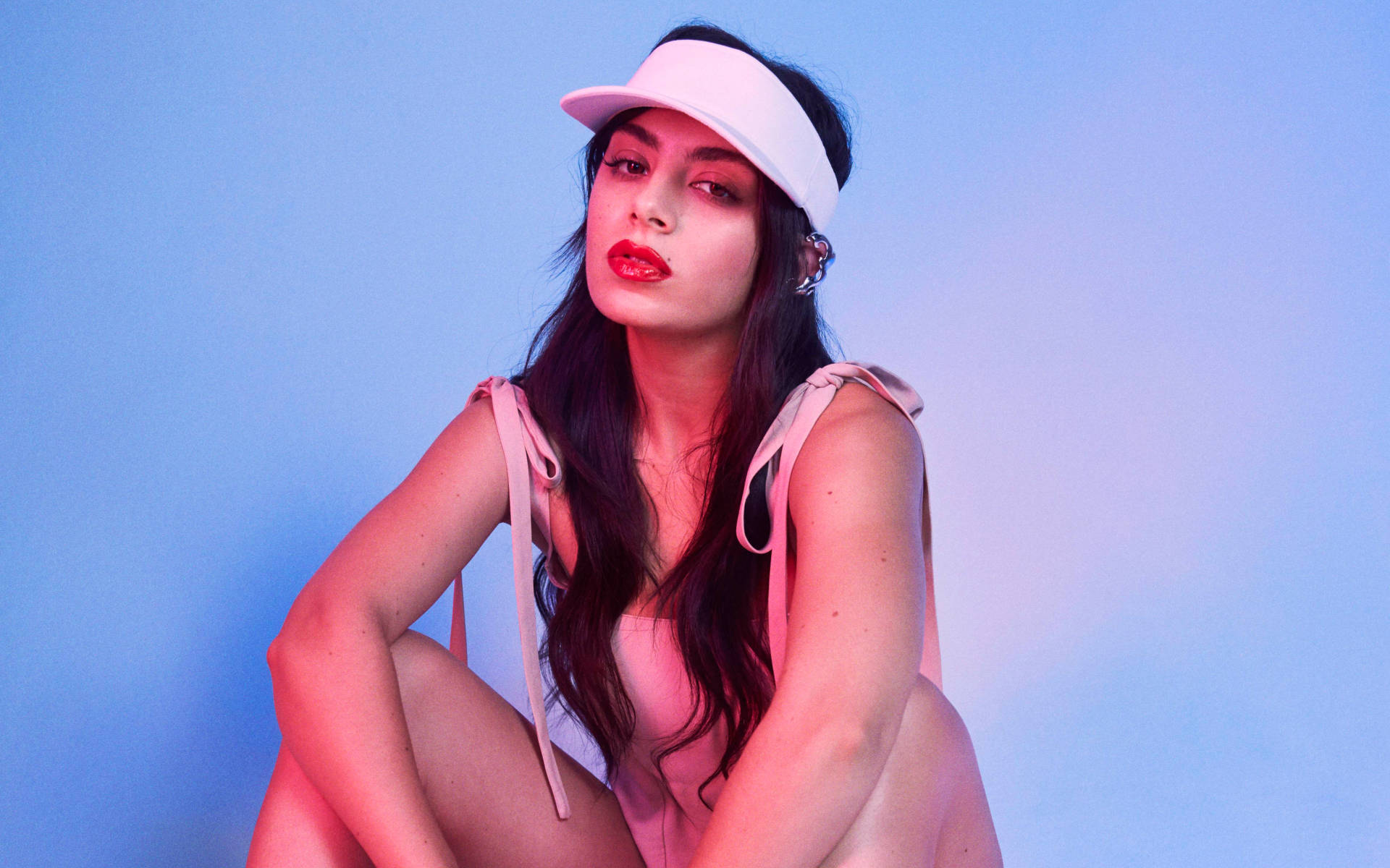 Charli Xcx, white visor, pink top, Full HD Desktop Wallpaper
