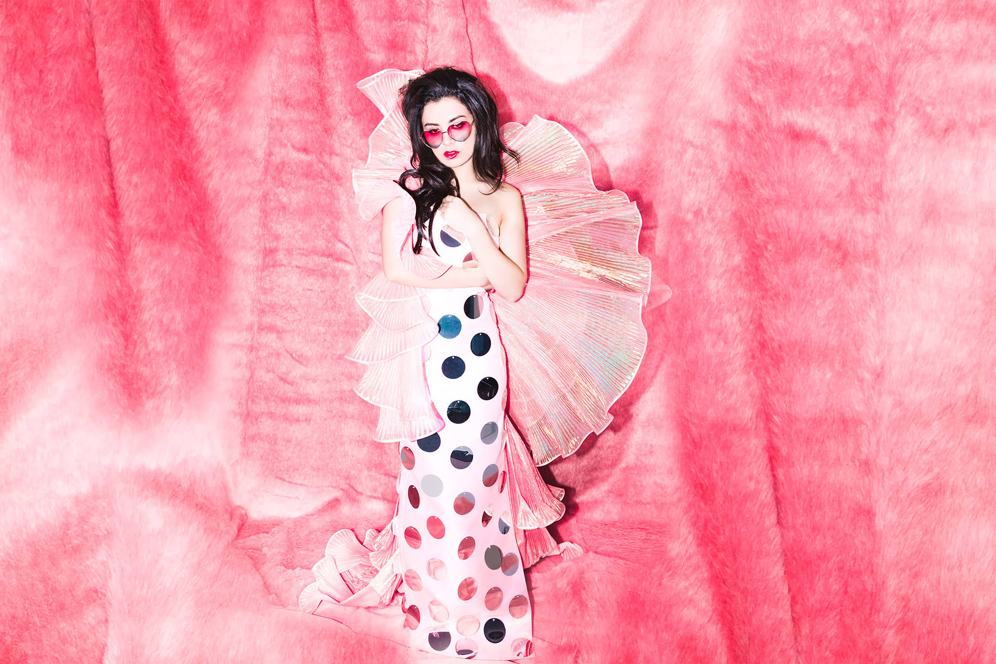 Charli Xcx, pop pink, polka-dot gown, Full HD Desktop Wallpaper