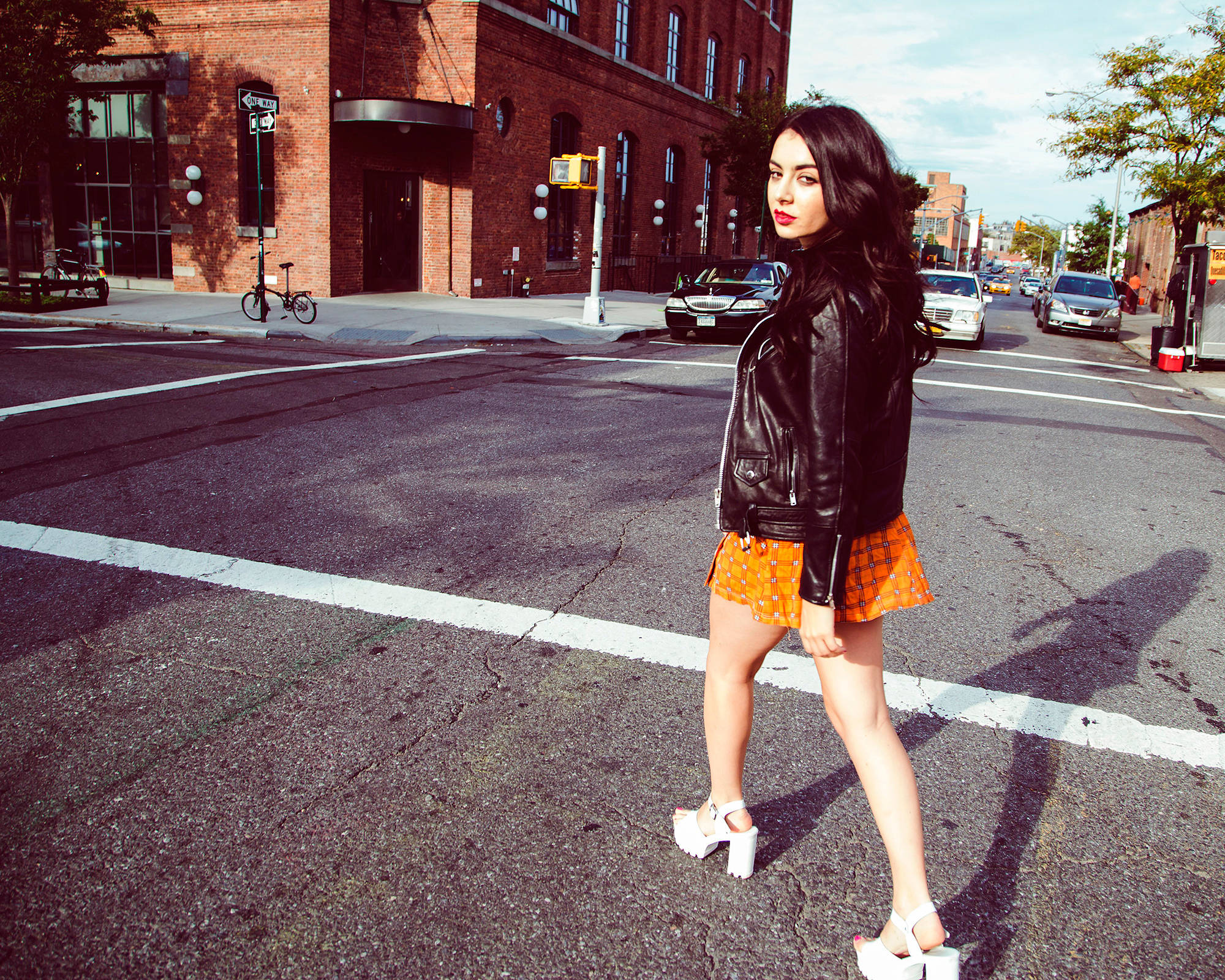 Charli Xcx, black leather jacket, orange skirt, Full HD Desktop Wallpaper