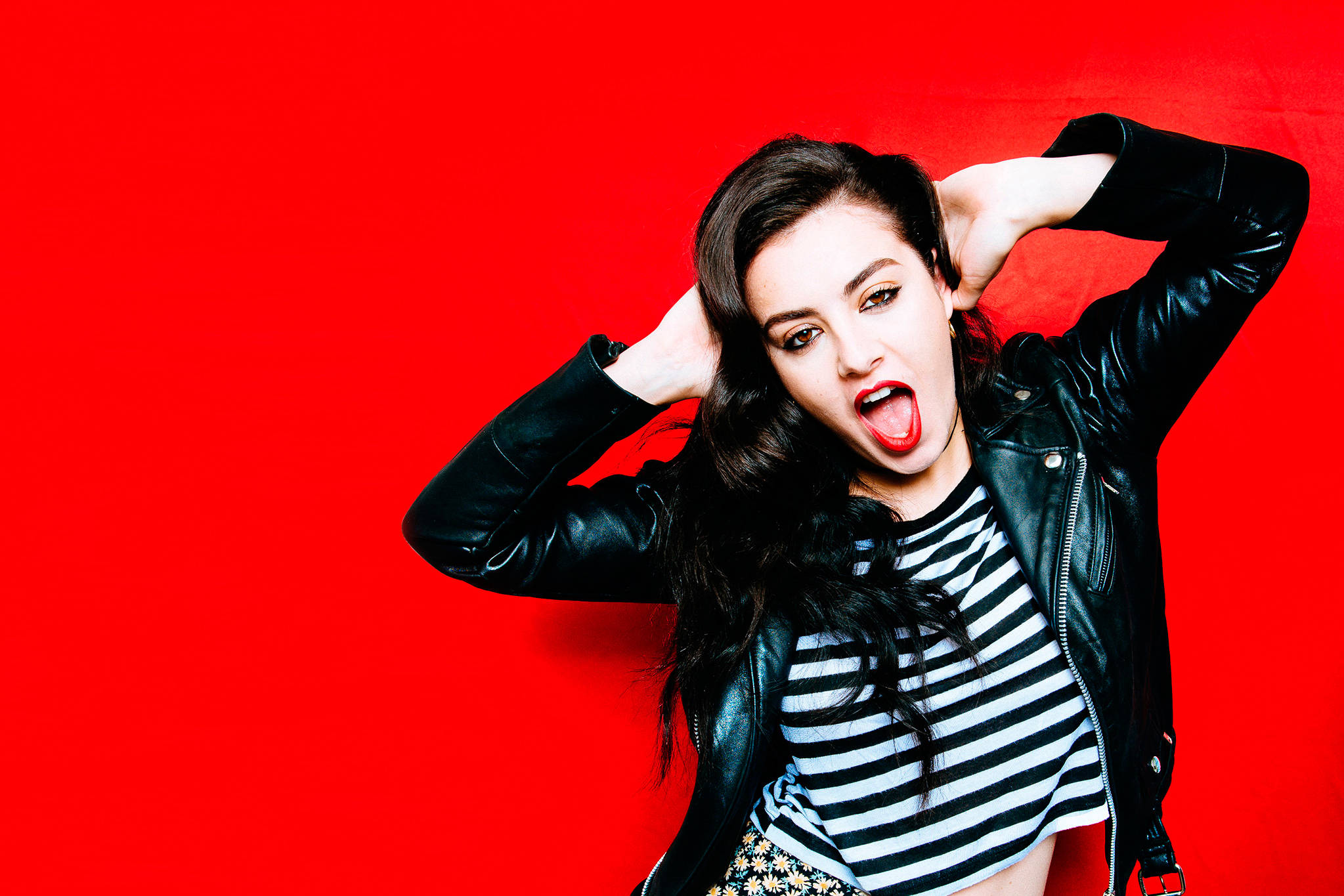Charli Xcx, black leather jacket, striped shirt, Full HD Desktop Wallpaper