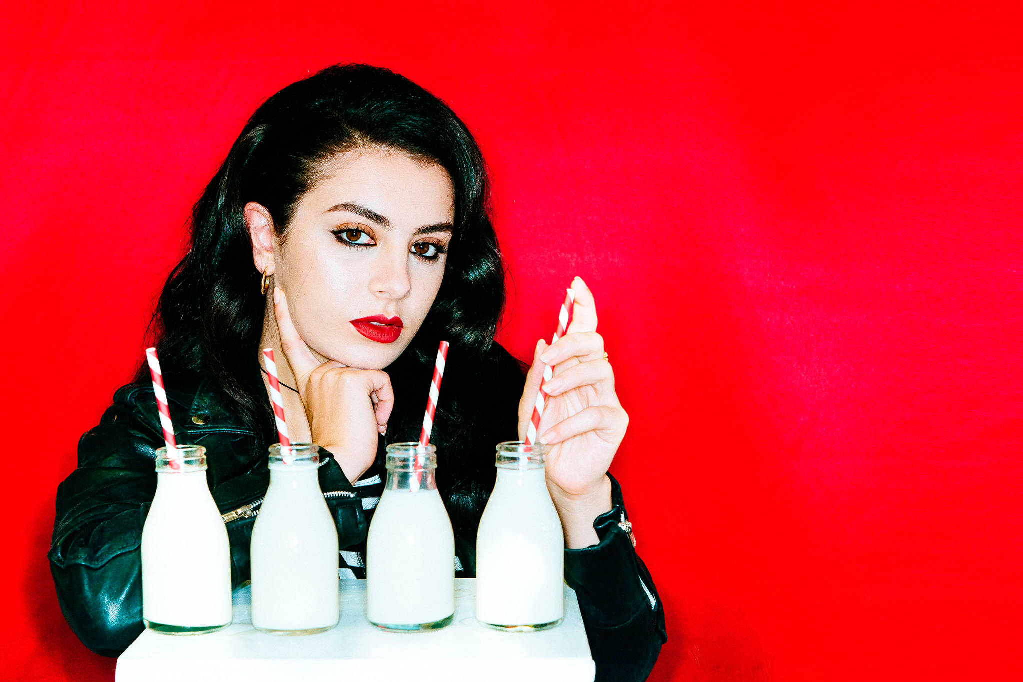 Charli Xcx, black leather jacket, milk bottles with striped straws, Full HD Desktop Wallpaper