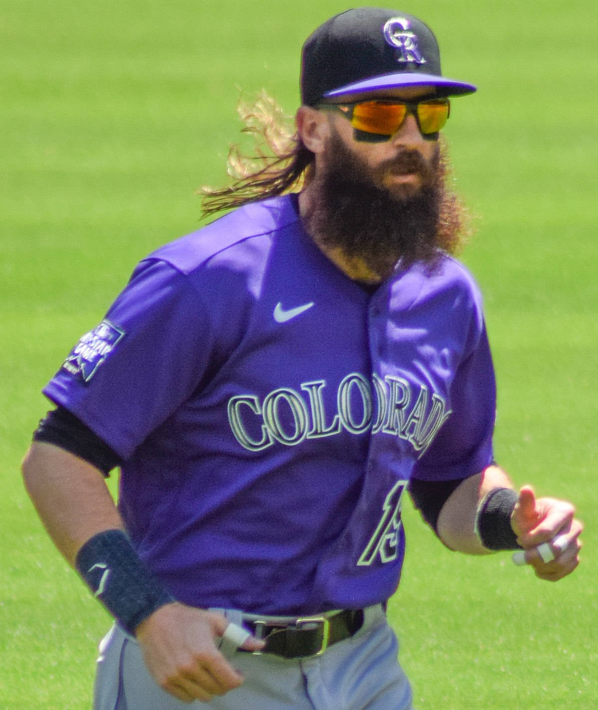 Charlie Blackmon, purple Colorado Rockies jersey, bright green field, HD Phone Wallpaper