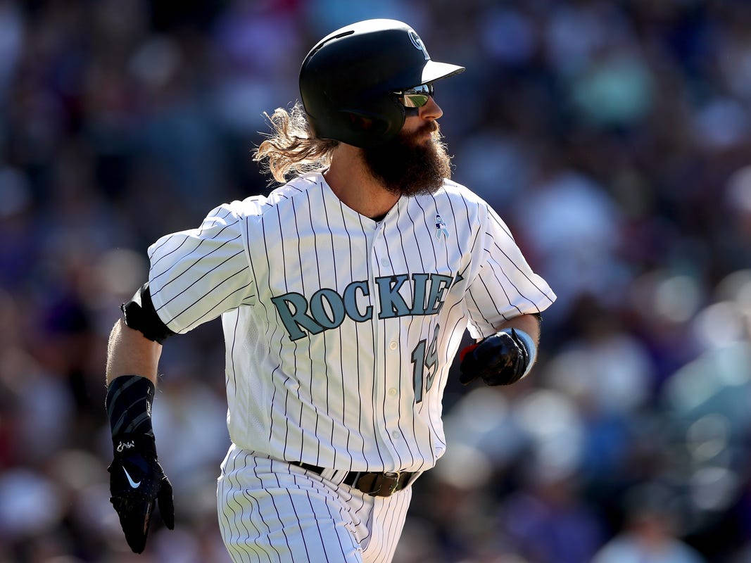 Charlie Blackmon, white pinstripe Rockies uniform, baseball player, SD Desktop Wallpaper