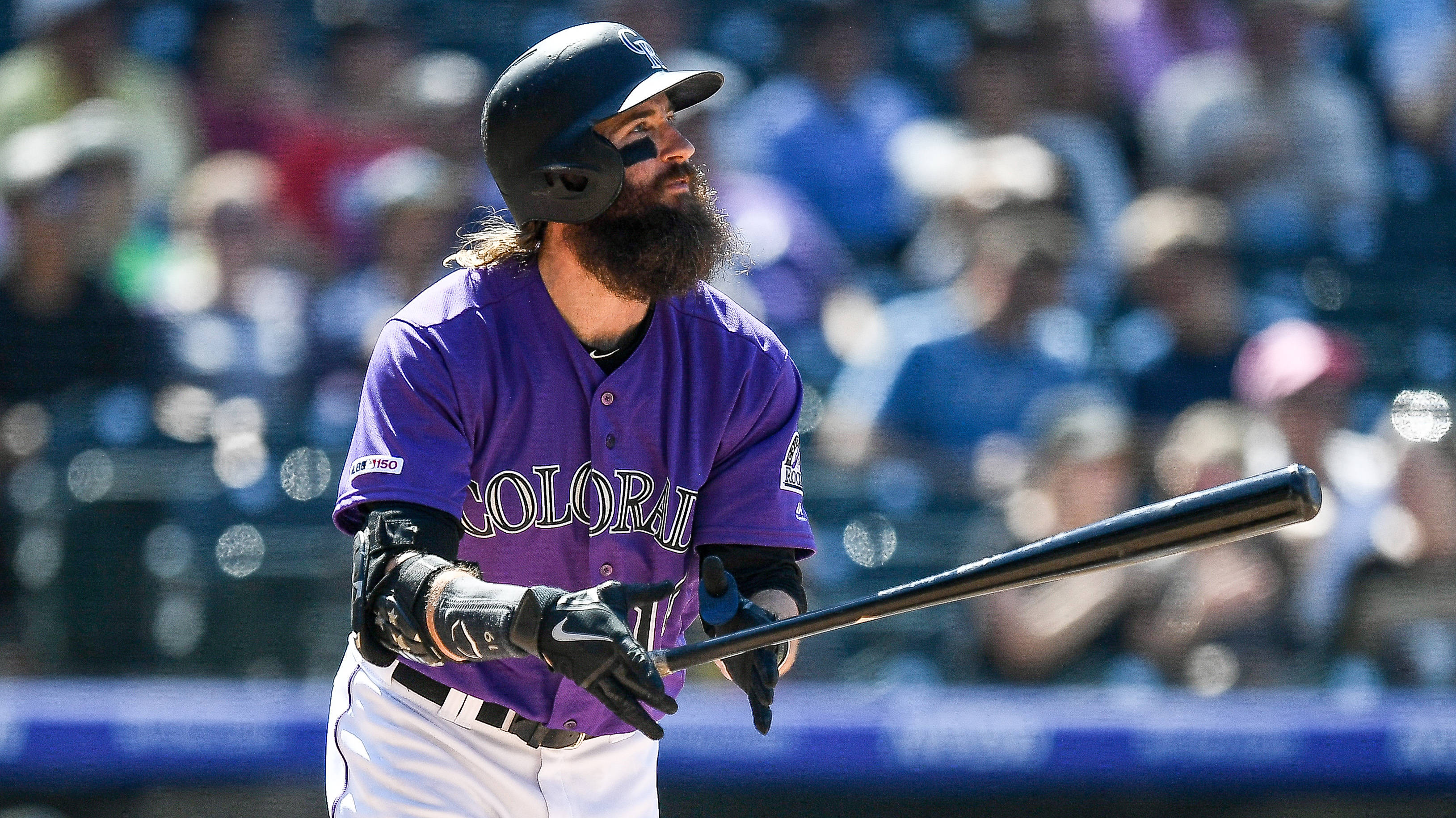 Charlie Blackmon, purple Colorado jersey, sunlit field, 2K Desktop Wallpaper