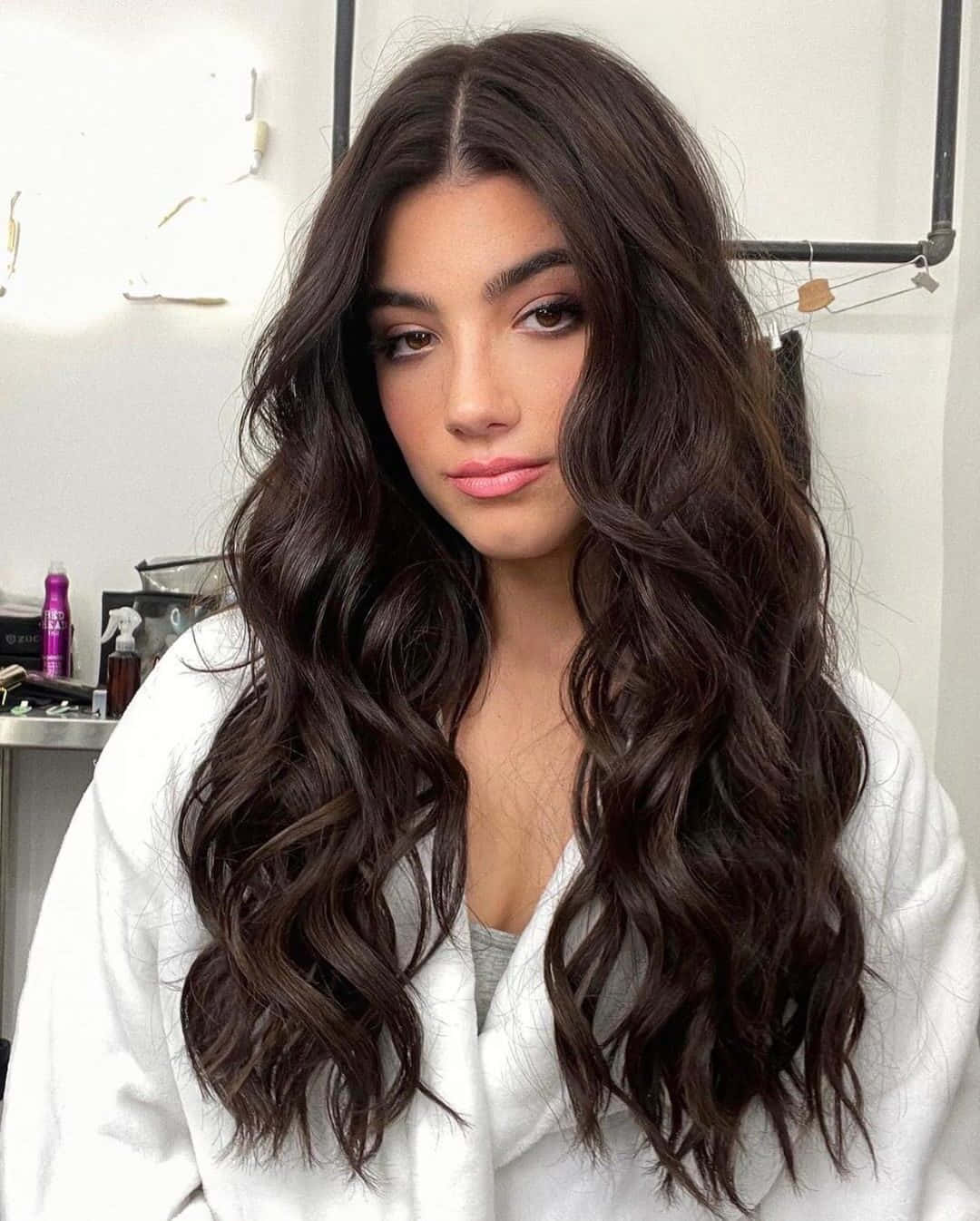 Charlie Damelio, long dark wavy hair, bright salon setting, HD Phone Wallpaper