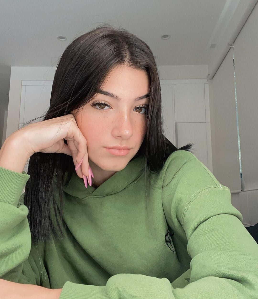 Charlie Damelio, dark hair, pink nails, SD Phone Wallpaper