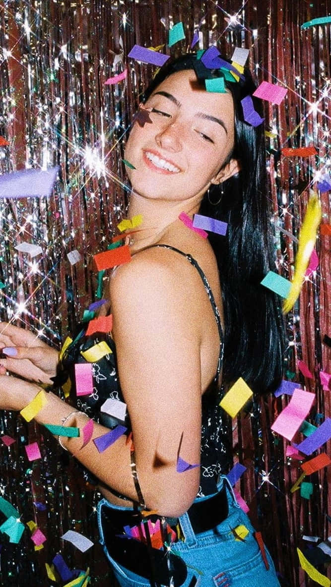 Charlie Damelio, confetti, glittering tinsel, SD Phone Wallpaper