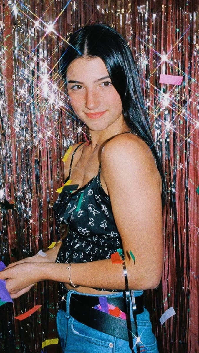 Charlie Damelio, confetti wall, glittering red tinsel, SD Phone Wallpaper
