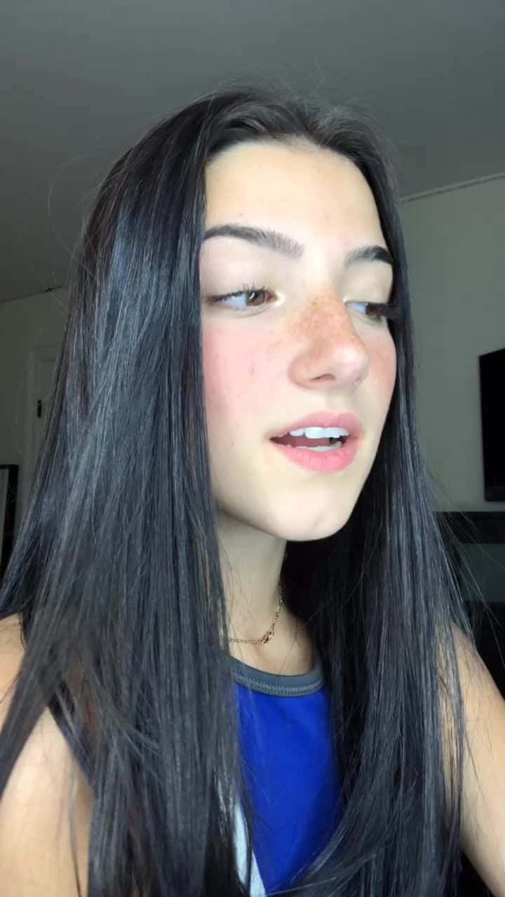 Charlie Damelio, blue dress, long dark hair, HD Phone Wallpaper