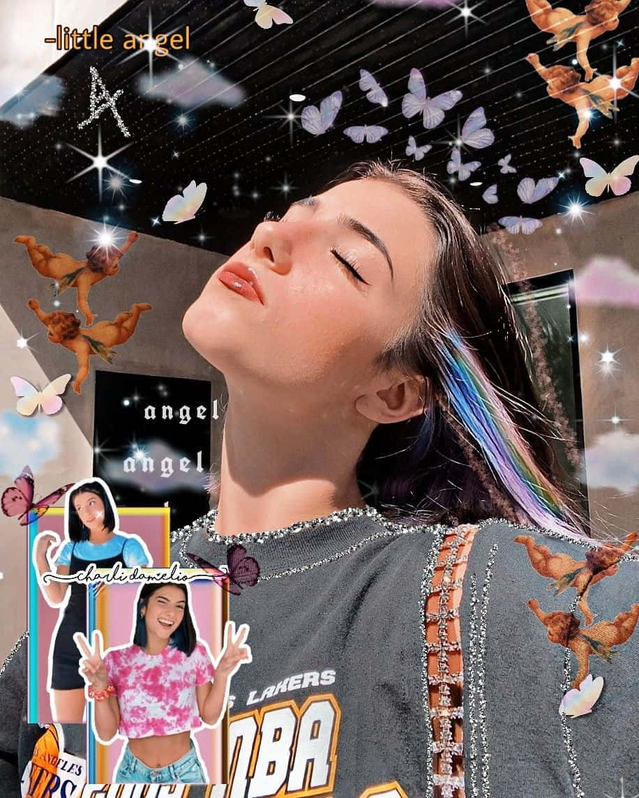 Charlie Damelio, rainbow hair, starry sky, SD Phone Wallpaper