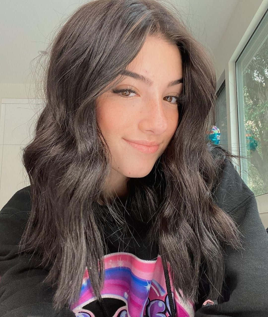 Charlie Damelio, long wavy dark hair, colorful graphic hoodie, SD Phone Wallpaper