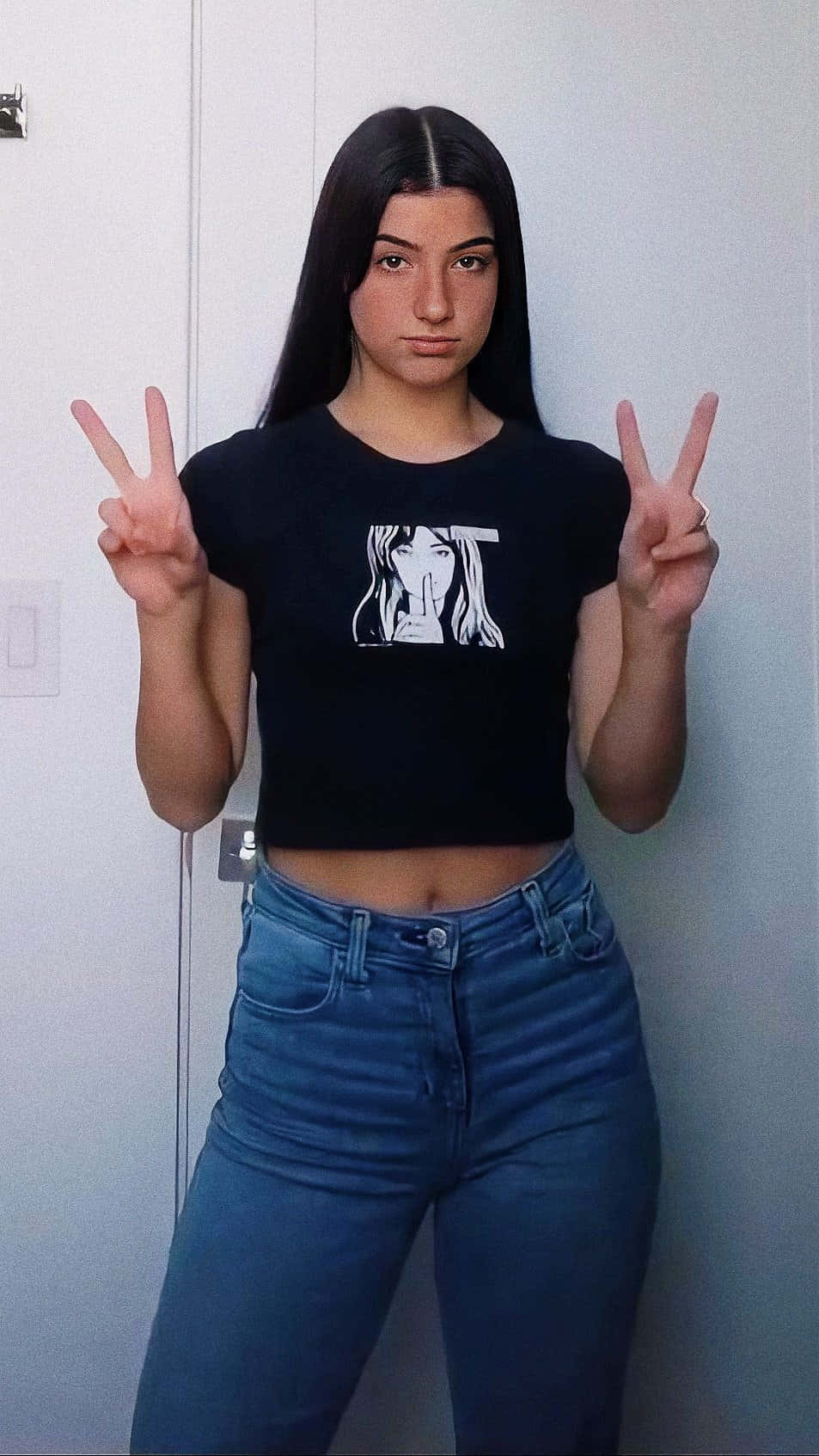 Charlie Damelio, peace sign, long dark hair, HD Phone Wallpaper