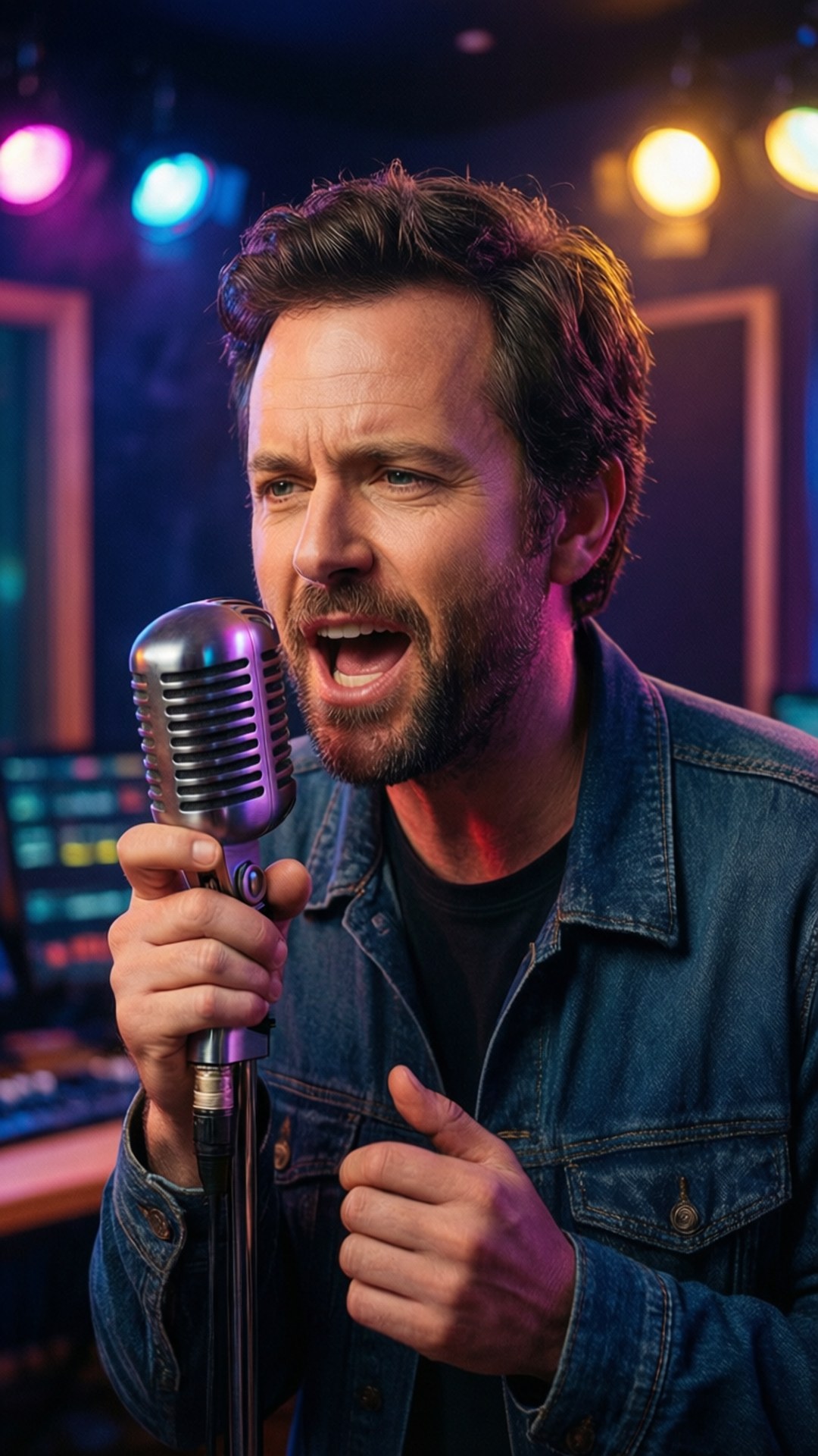 Charlie Day, vintage microphone, neon-lit studio, Full HD Phone Wallpaper