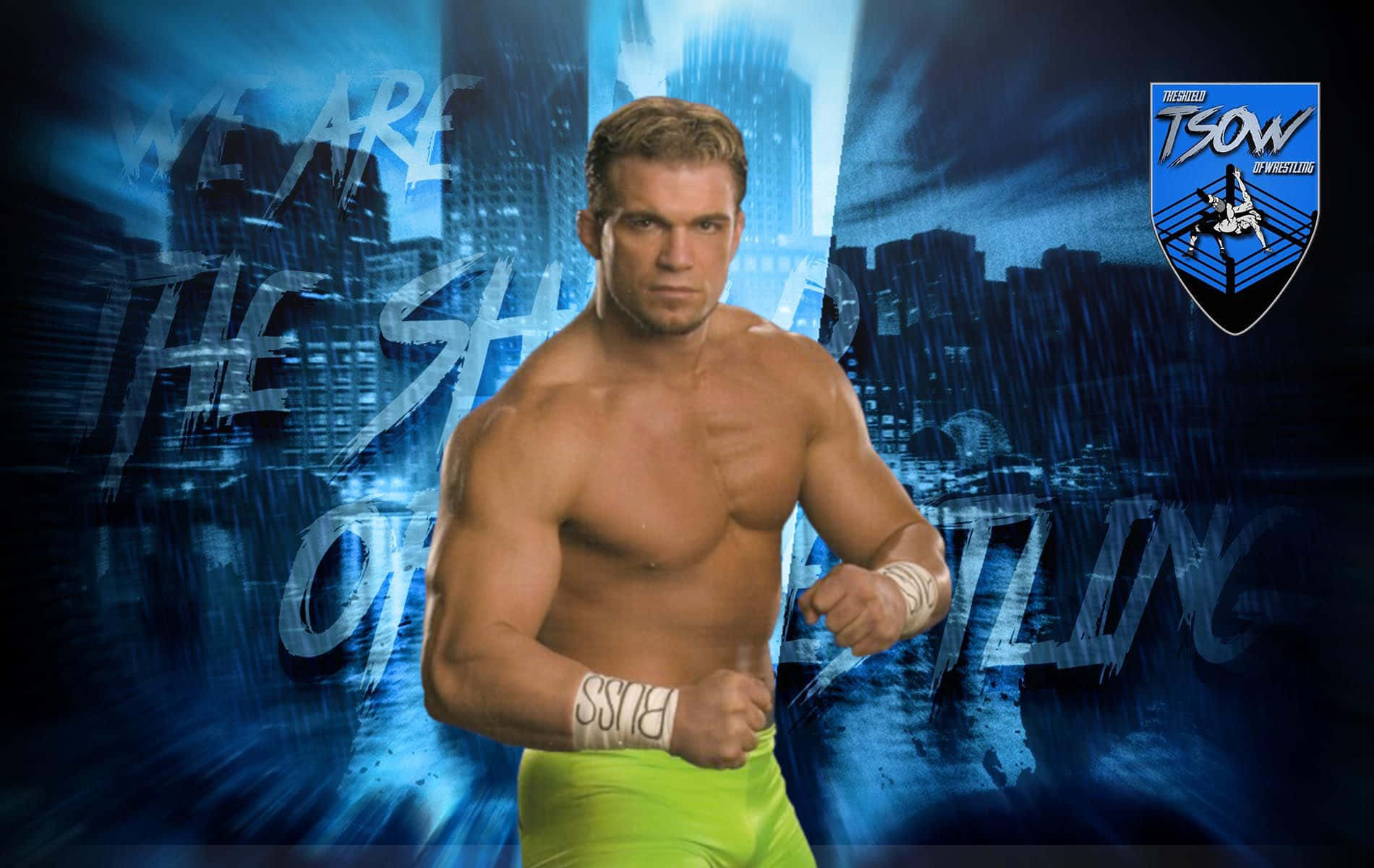 Charlie Haas, neon green trunks, blue neon cityscape, HD Desktop Wallpaper