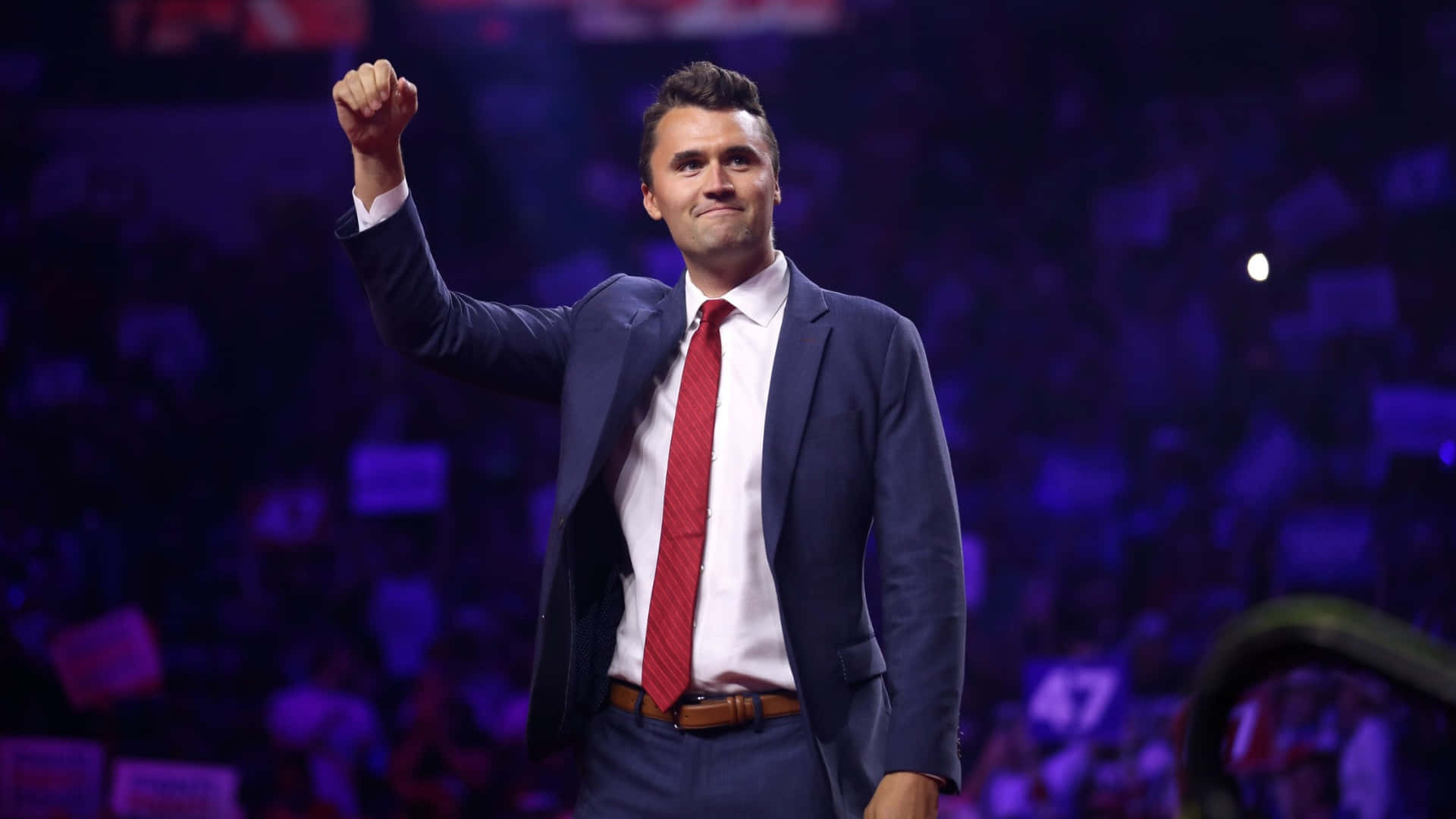 Charlie Kirk, navy suit, red tie, Full HD Desktop Wallpaper