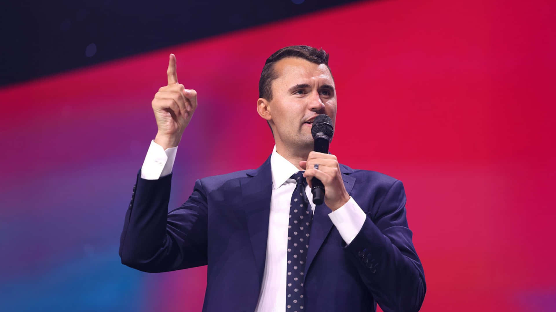 Charlie Kirk, dark suit, polka dot tie, Full HD Desktop Wallpaper