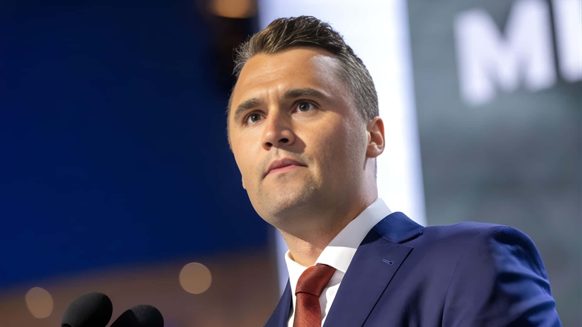 Charlie Kirk, blue suit, red tie, Full HD Desktop Wallpaper