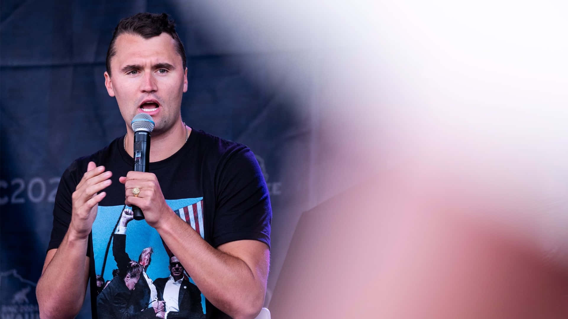 Charlie Kirk, black t-shirt, graphic print, Full HD Desktop Wallpaper