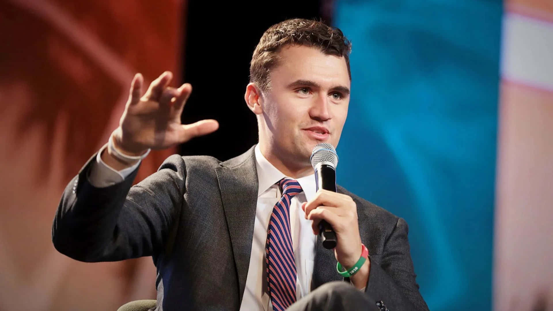 Charlie Kirk, gray suit, striped tie, Full HD Desktop Wallpaper