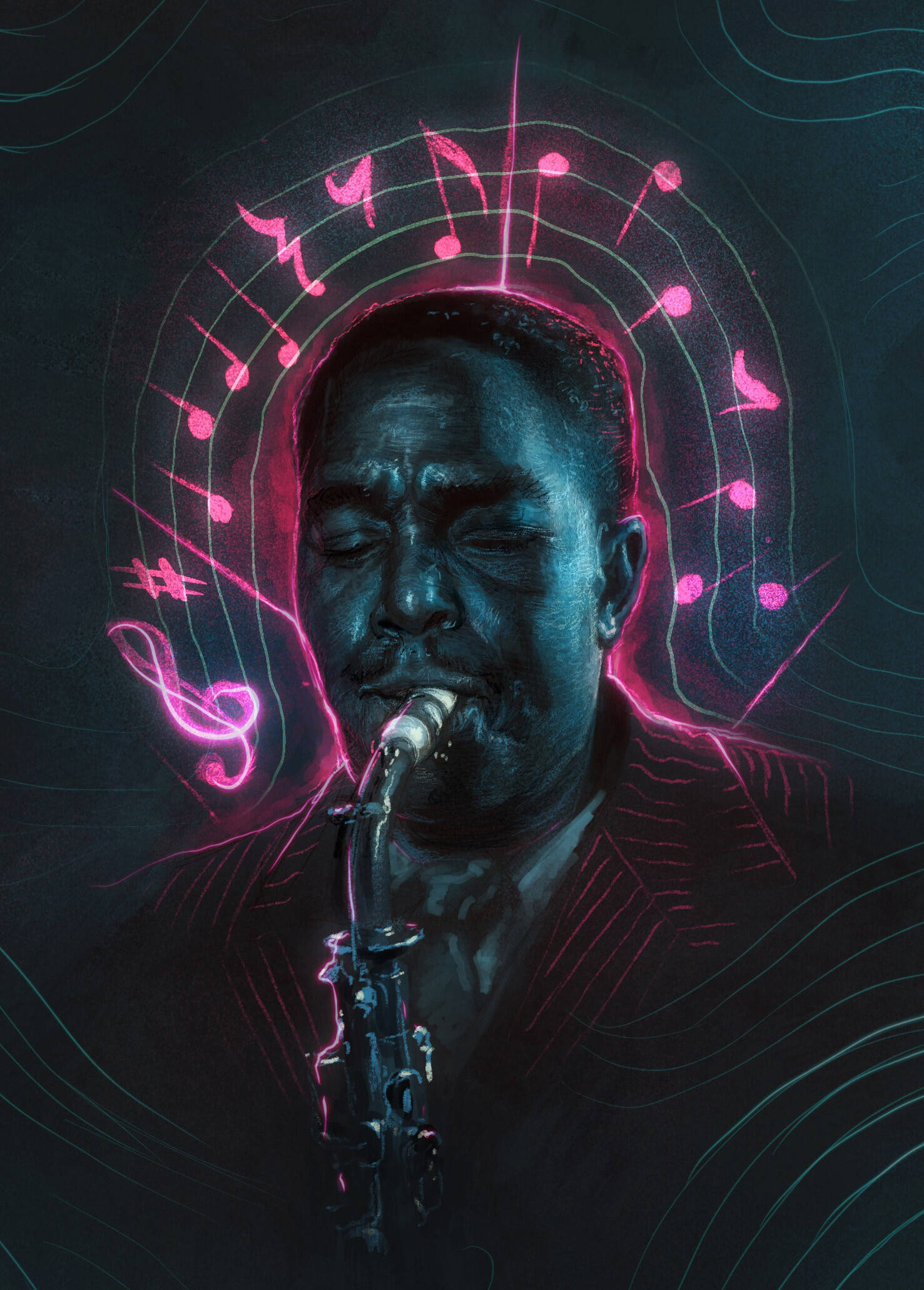 Charlie Parker, saxophone, glowing pink musical notes, Full HD Phone Wallpaper
