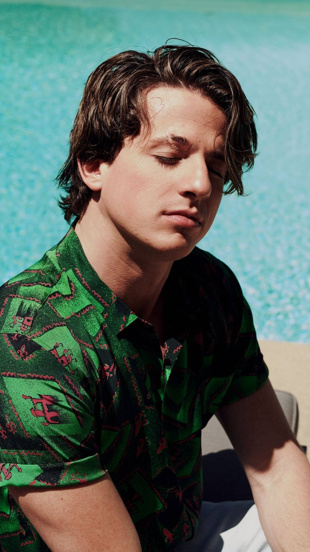 Charlie Puth, turquoise pool, vibrant green patterned shirt, Full HD Phone Wallpaper