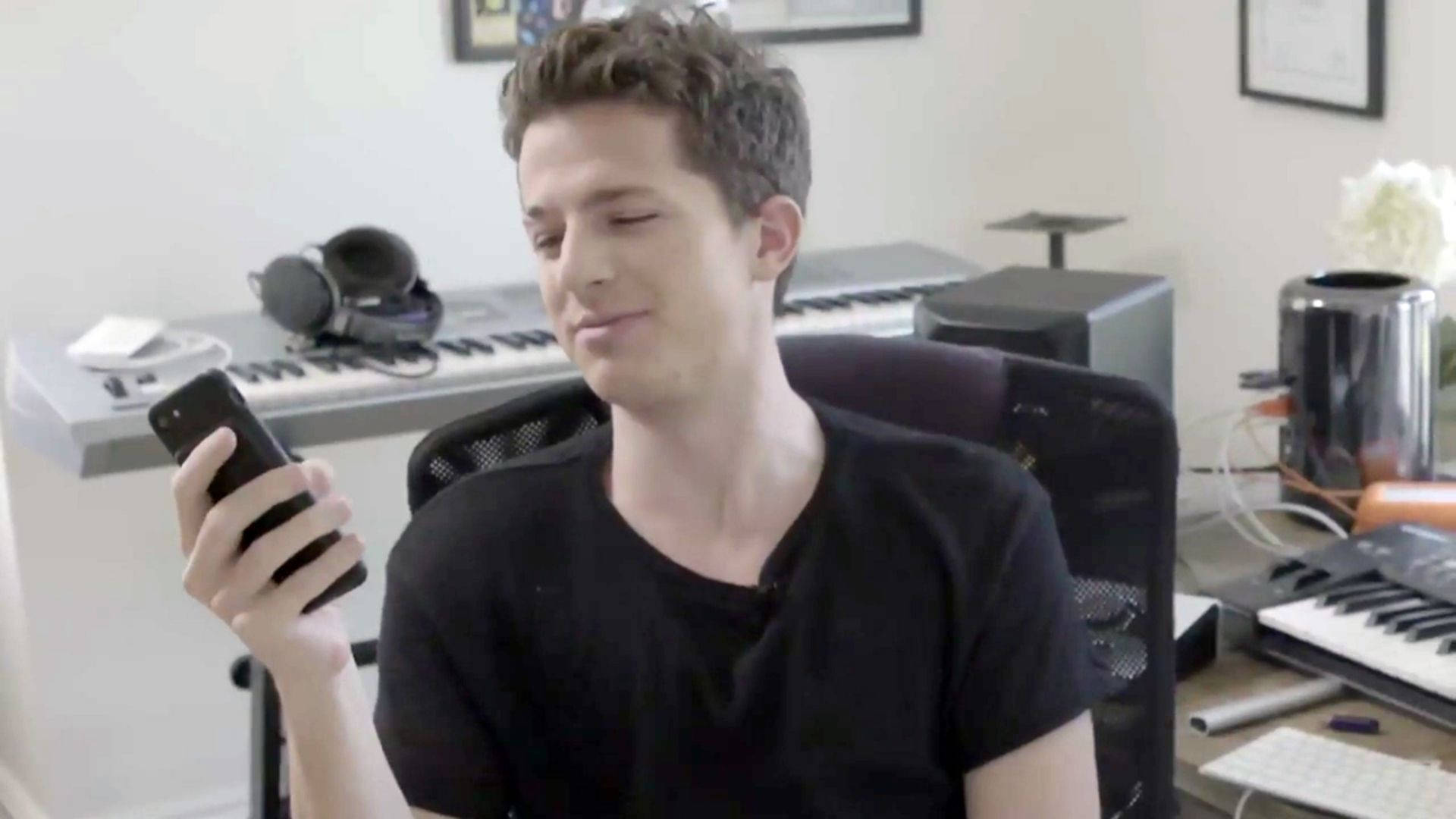 Charlie Puth, cellphone, home studio, Full HD Desktop Wallpaper