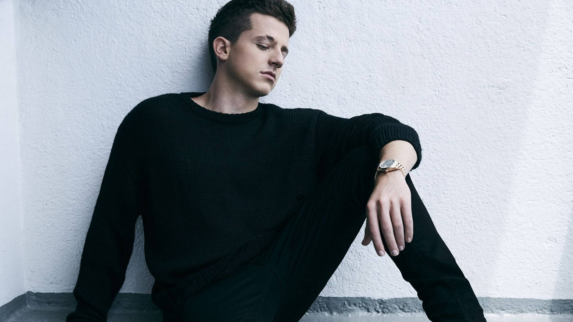 Charlie Puth, black sweater, white textured wall, Full HD Desktop Wallpaper