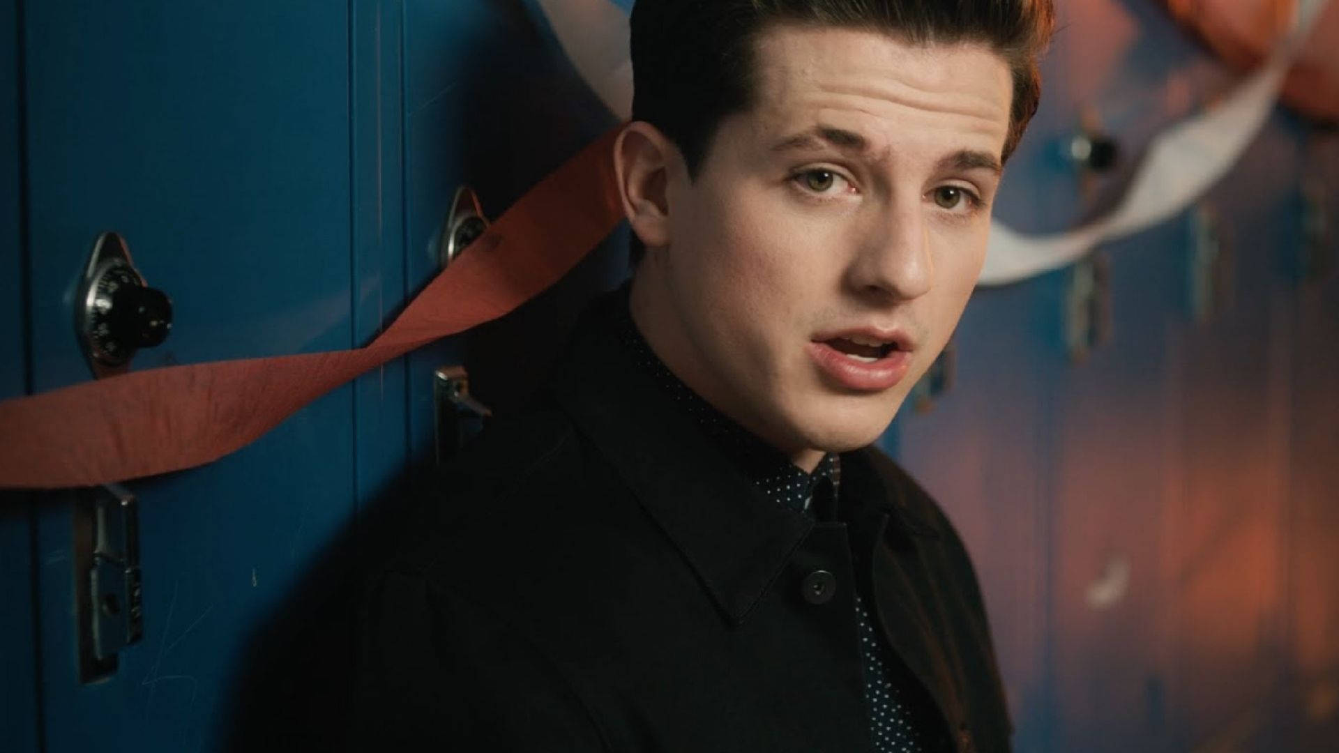 Charlie Puth, black coat, blue school lockers, Full HD Desktop Wallpaper