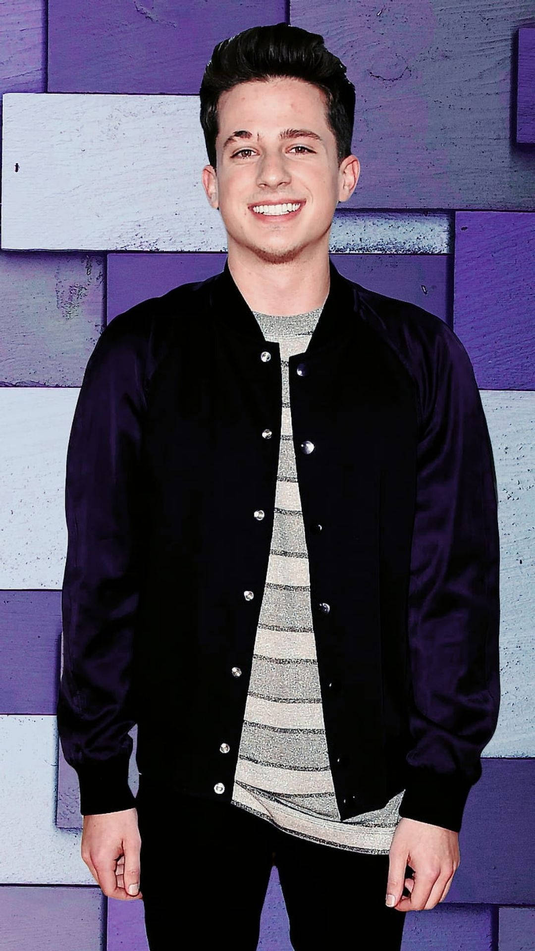 Charlie Puth, black bomber jacket, purple and white wooden plank wall, Full HD Phone Wallpaper