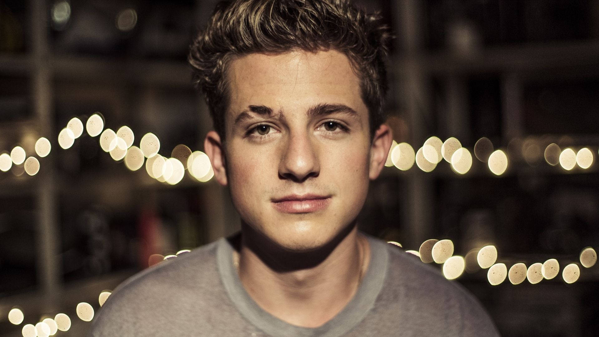 Charlie Puth, warm string lights, night, Full HD Desktop Wallpaper
