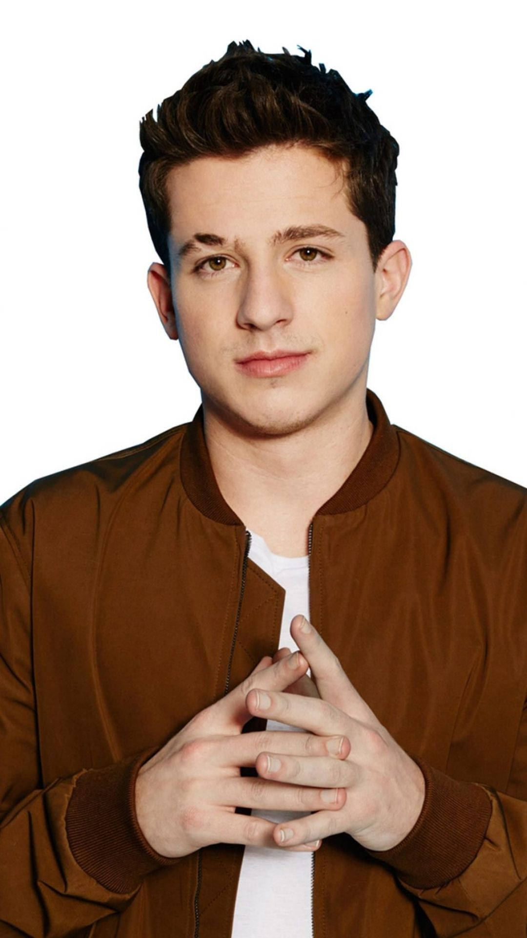 Charlie Puth, dark hair, brown bomber jacket, Full HD Phone Wallpaper
