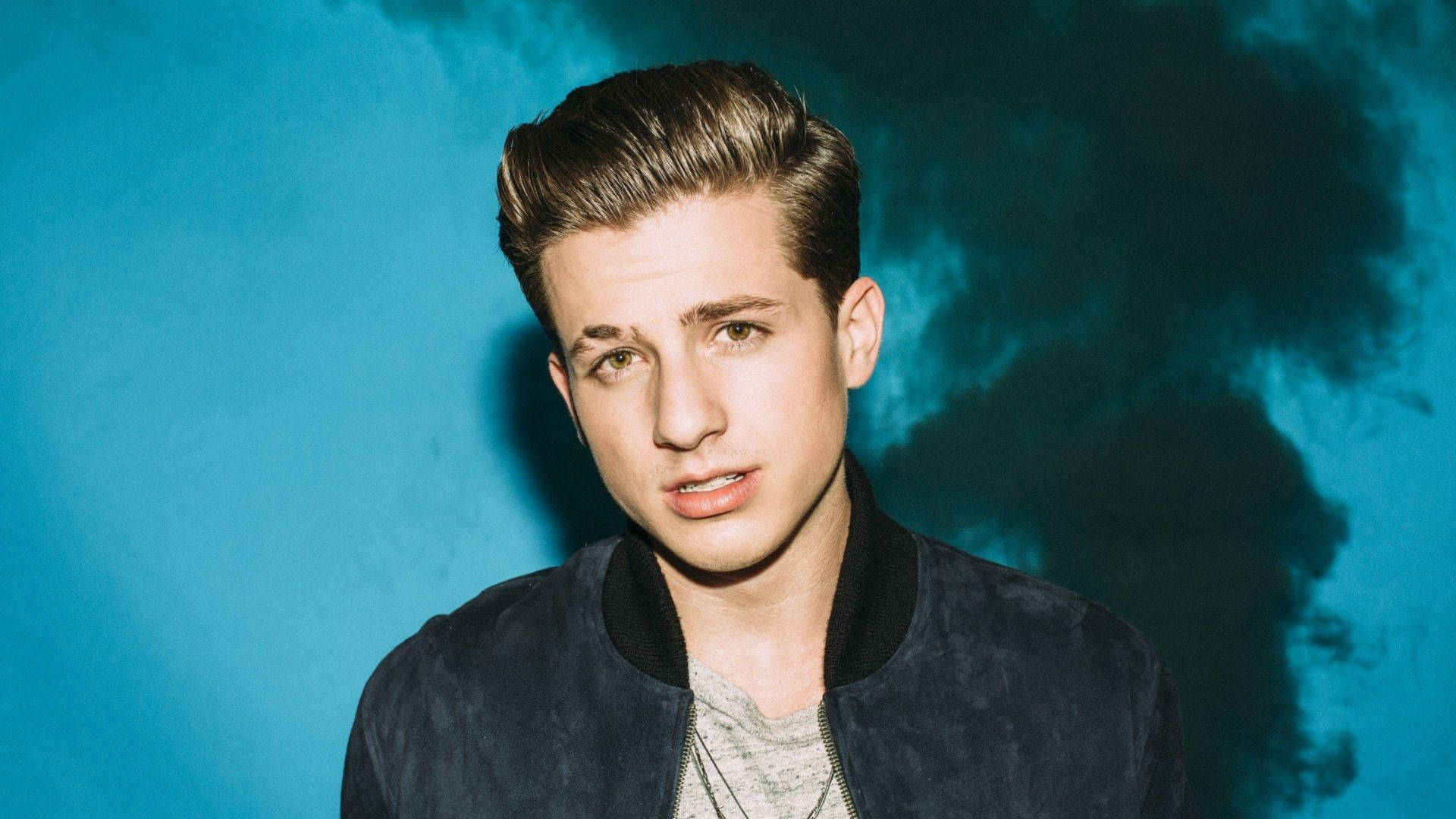 Charlie Puth, misty backdrop, dark bomber jacket, Full HD Desktop Wallpaper
