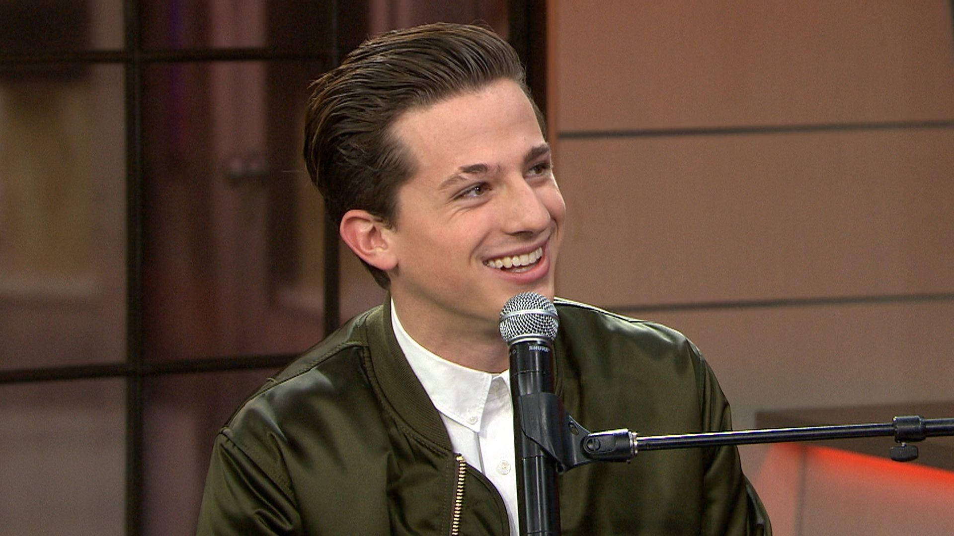 Charlie Puth, green bomber jacket, microphone, Full HD Desktop Wallpaper