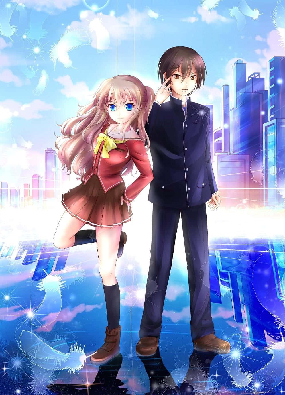 Charlotte Anime, scattered feather, glowing cityscape, HD Phone Wallpaper