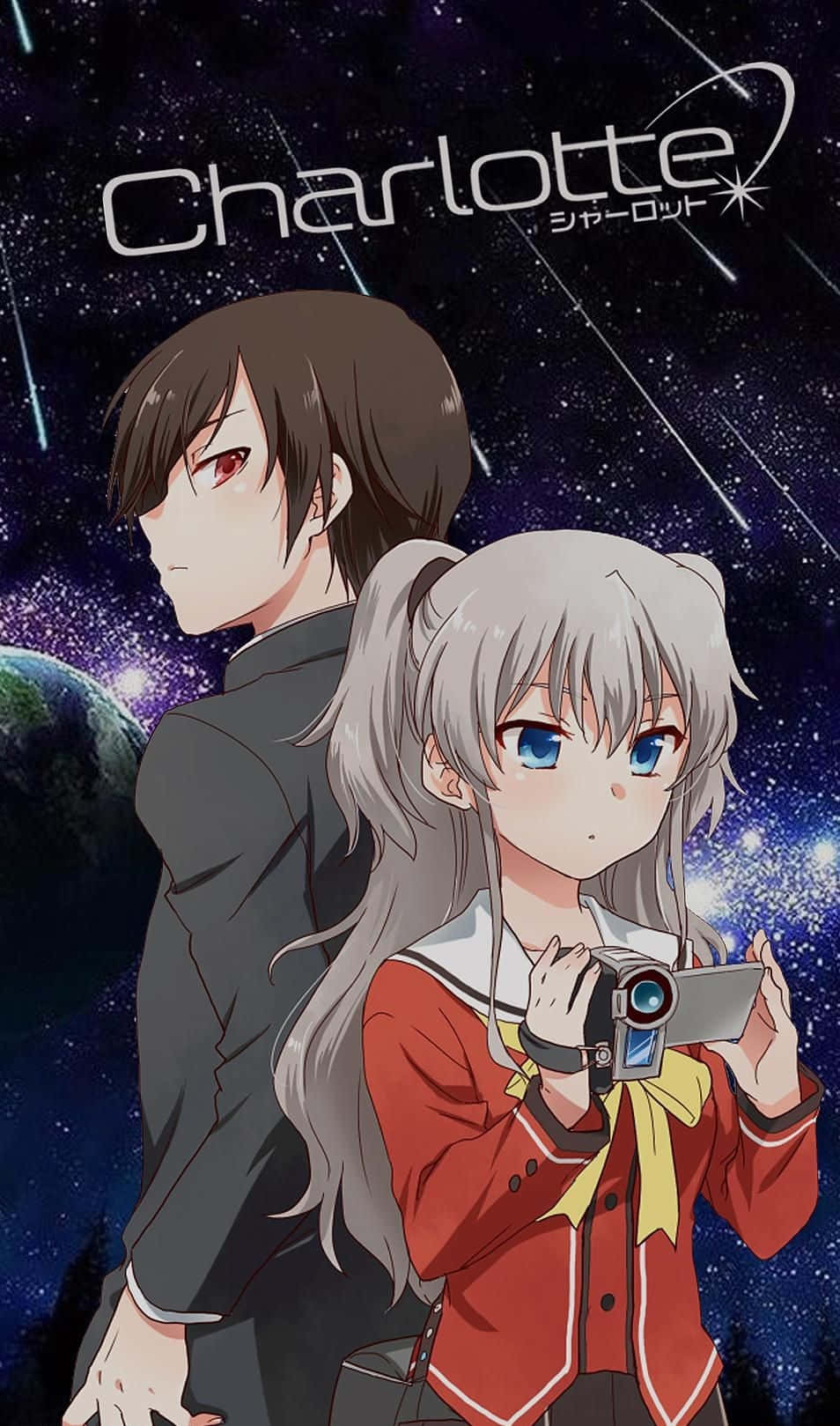Charlotte Anime, video camera, starry cosmic backdrop, HD Phone Wallpaper