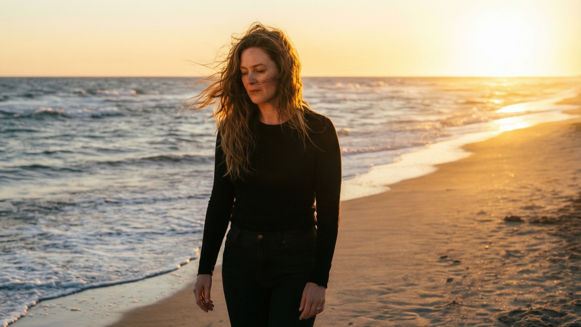 Charlotte Arnold, sunset, beach, Full HD Desktop Wallpaper