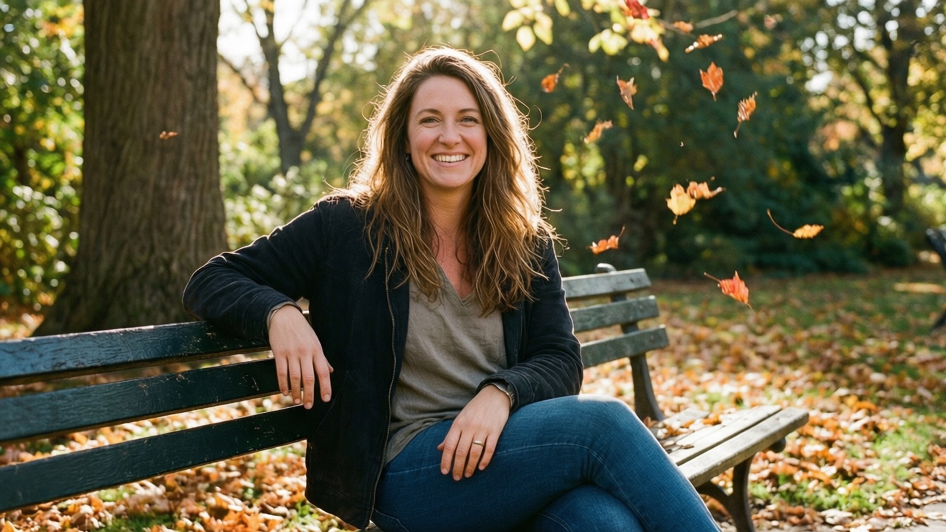 Charlotte Arnold, autumn, park bench, Full HD Desktop Wallpaper