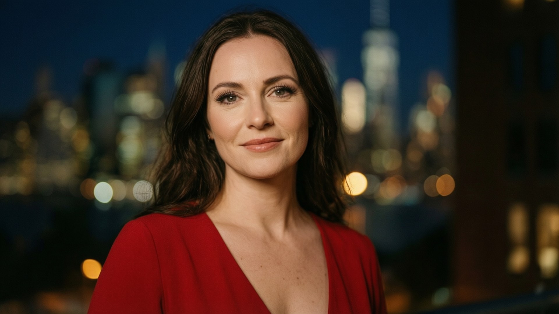 Charlotte Arnold, red dress, city lights, Full HD Desktop Wallpaper