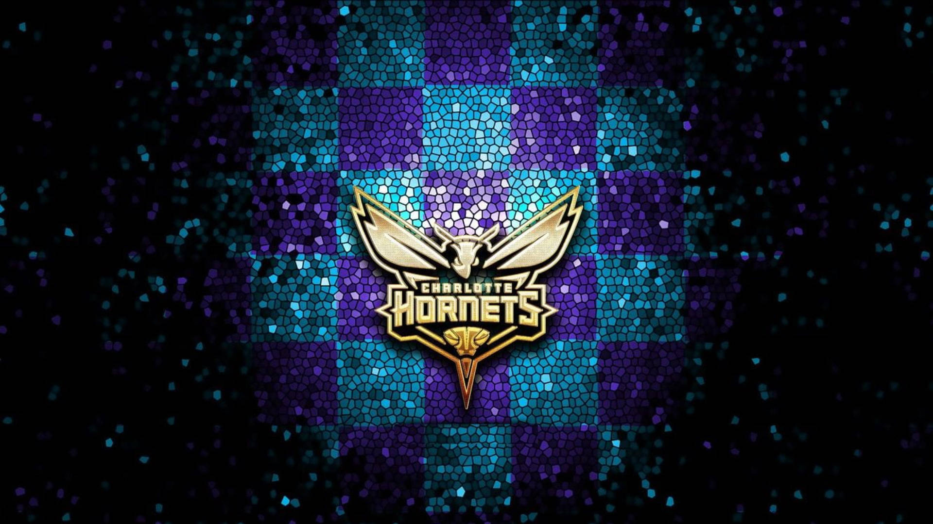 Charlotte Hornets, Golden Charlotte Hornets logo, teal and purple squares, Full HD Desktop Wallpaper