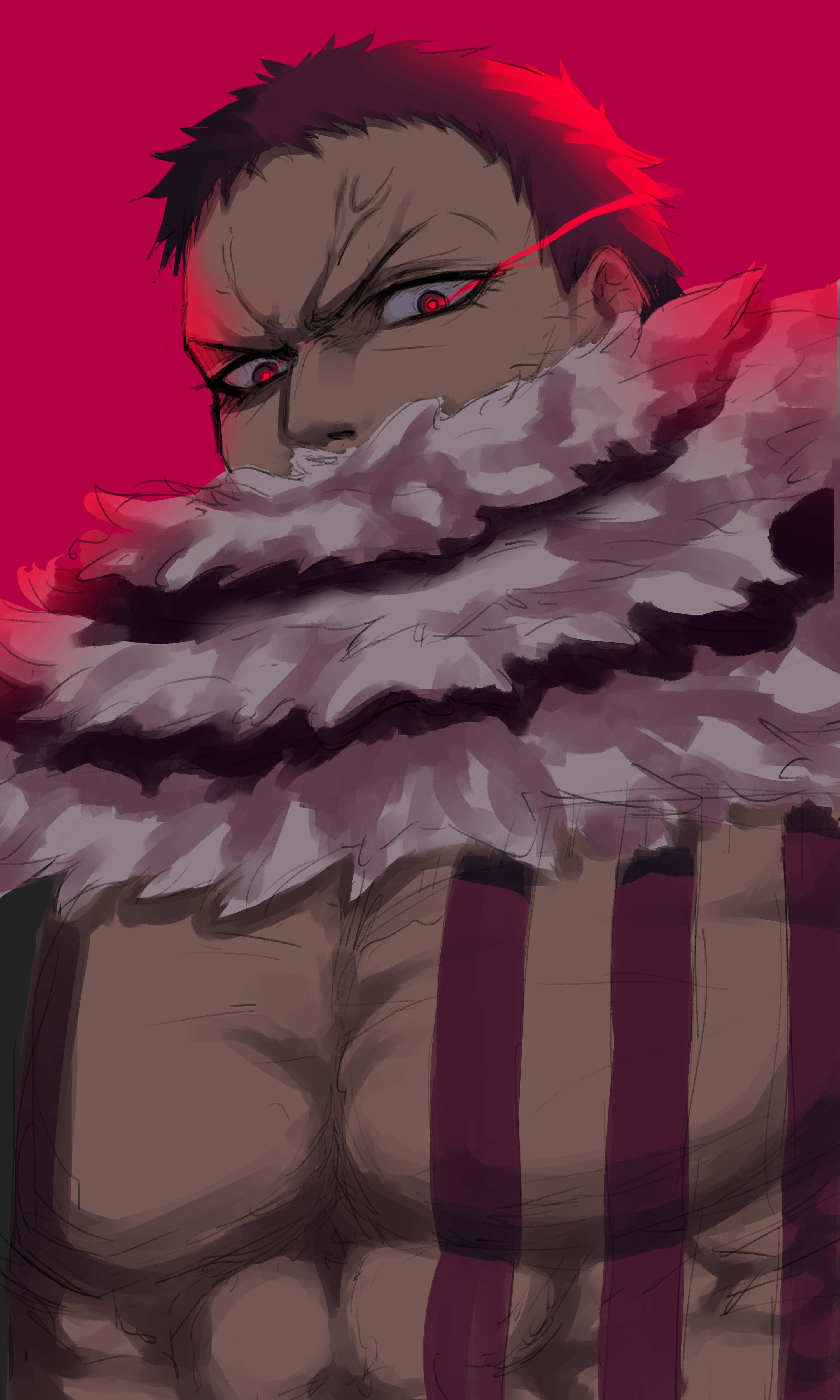 Charlotte Katakuri, red eyes, fluffy white collar, 4K Phone Wallpaper