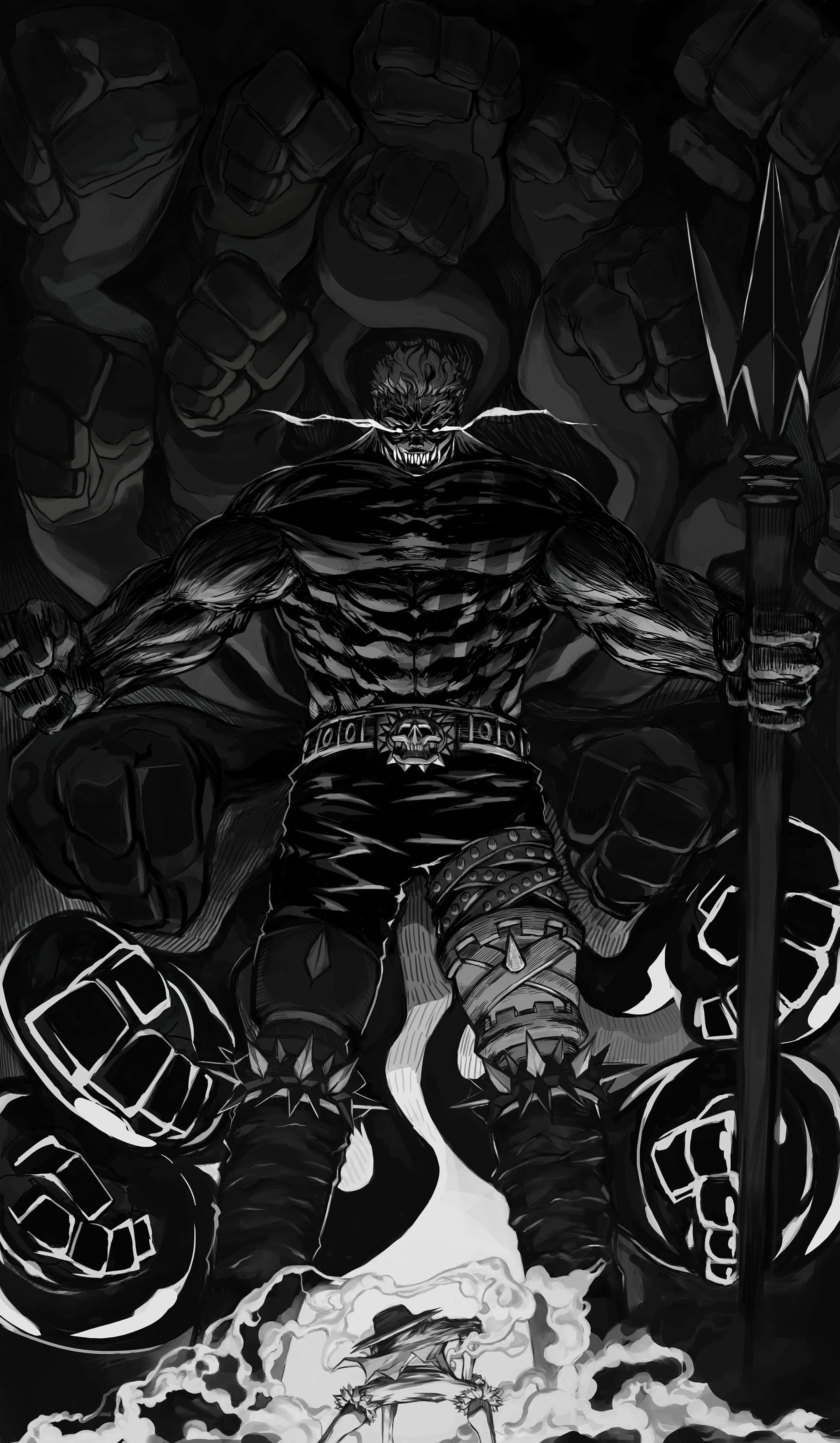 Charlotte Katakuri, spiked trident, black and white anime warrior, 2K Phone Wallpaper
