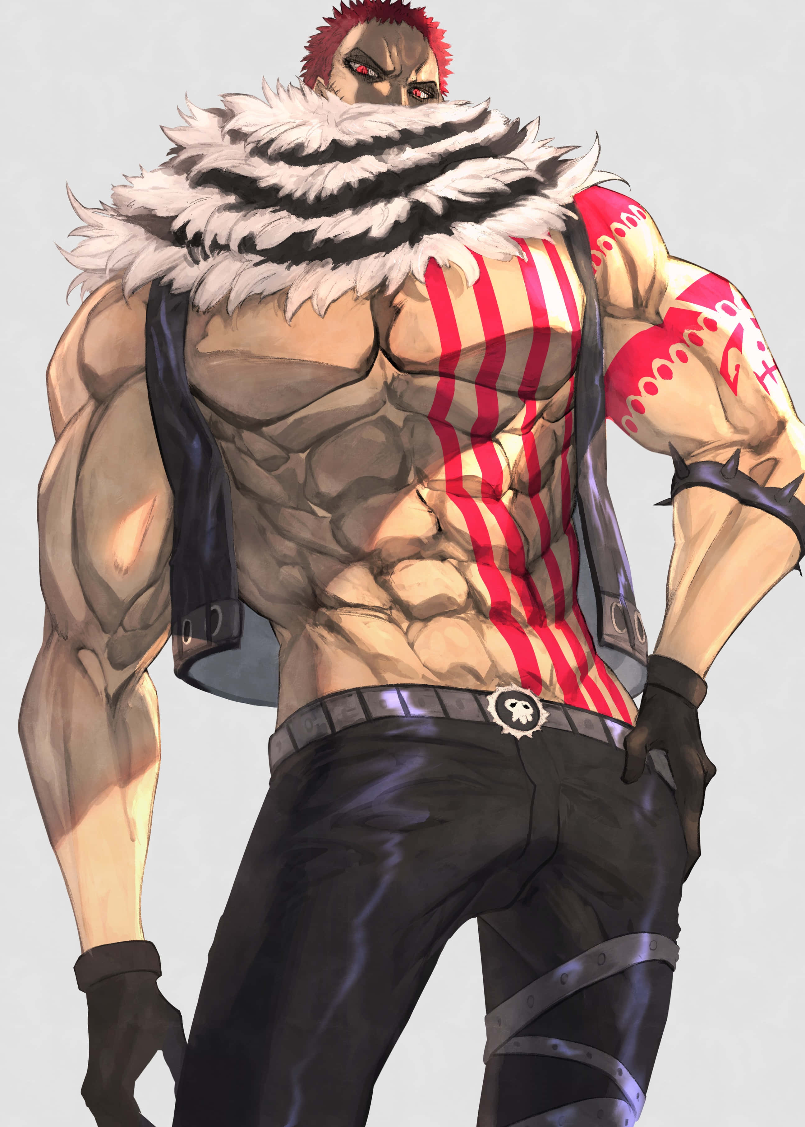 Charlotte Katakuri, red hair, black and white fur collar, 2K Phone Wallpaper