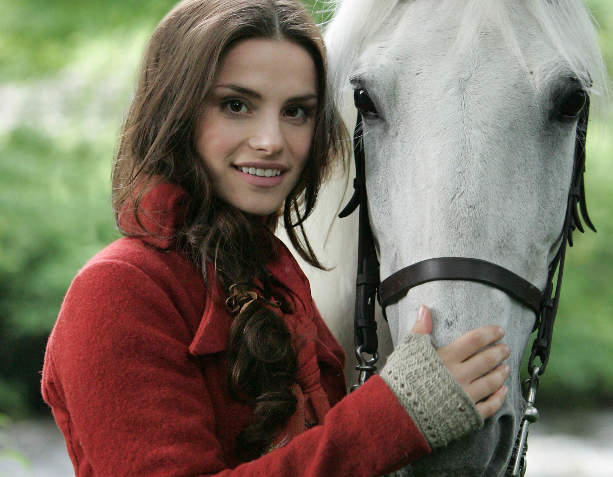 Charlotte Riley, white horse, red coat, Full HD Desktop Wallpaper