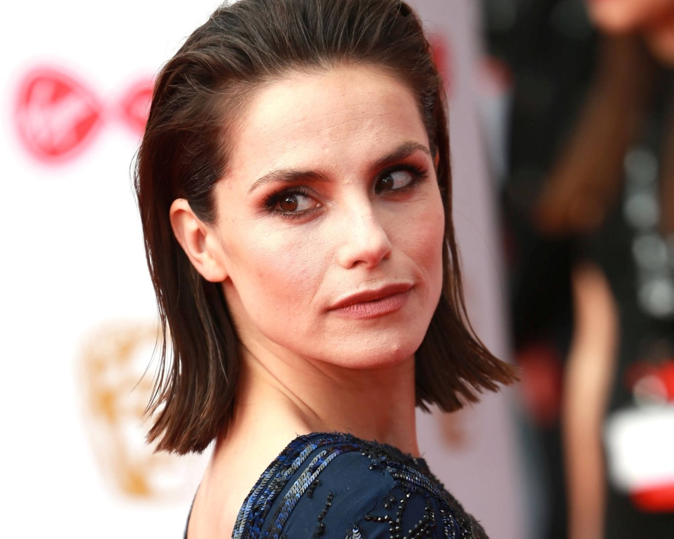 Charlotte Riley, beaded navy dress, red carpet event, Full HD Desktop Wallpaper
