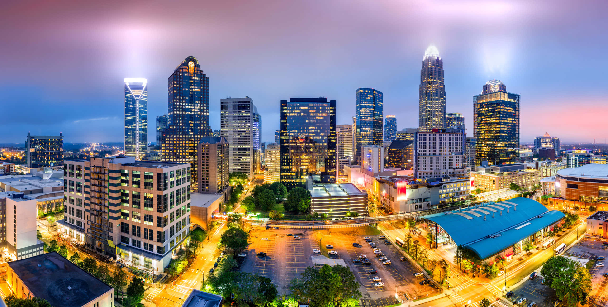 Charlotte, skyline, dusk, 2K Desktop Wallpaper